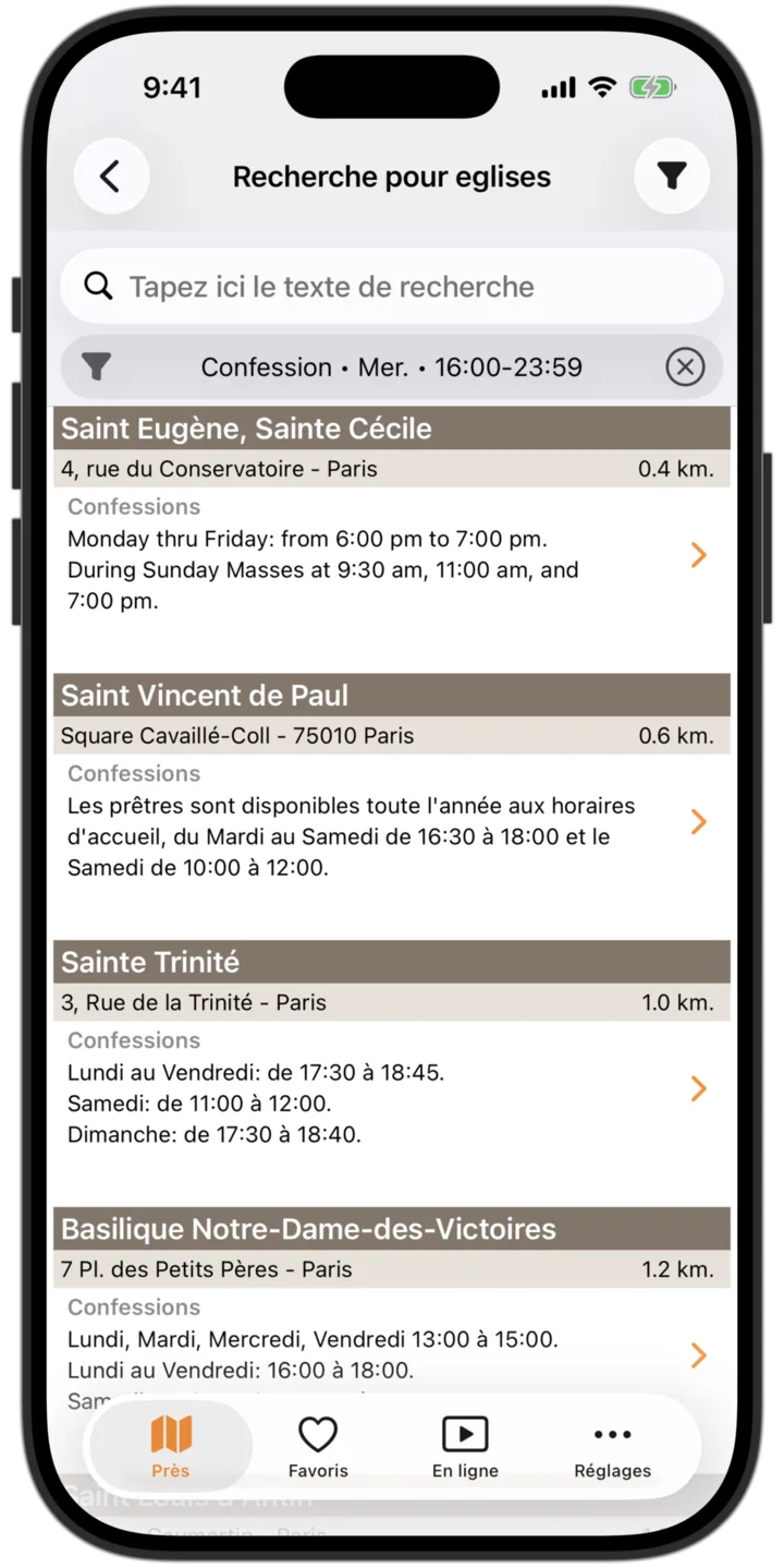 Horaires de Messe app - Liste des églises catholiques les plus proches